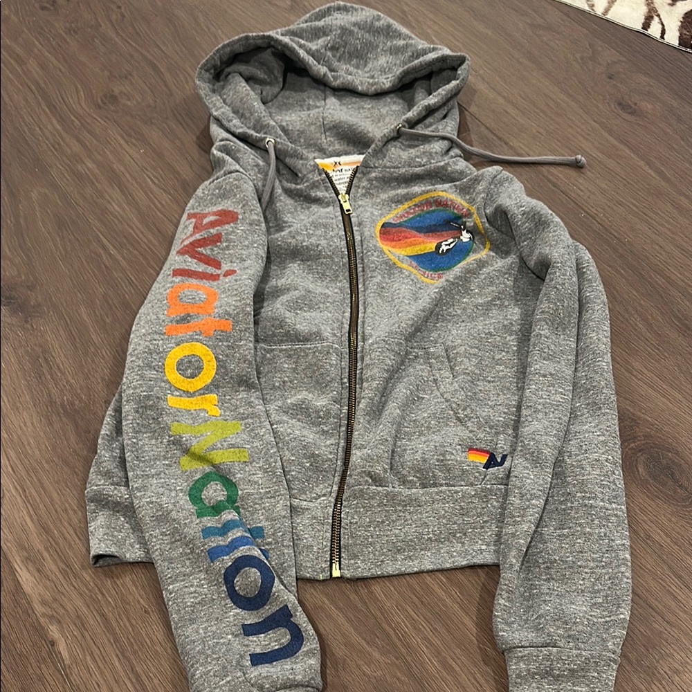 Aviator Nation Gray and Red Jacket with Rainbow Accents